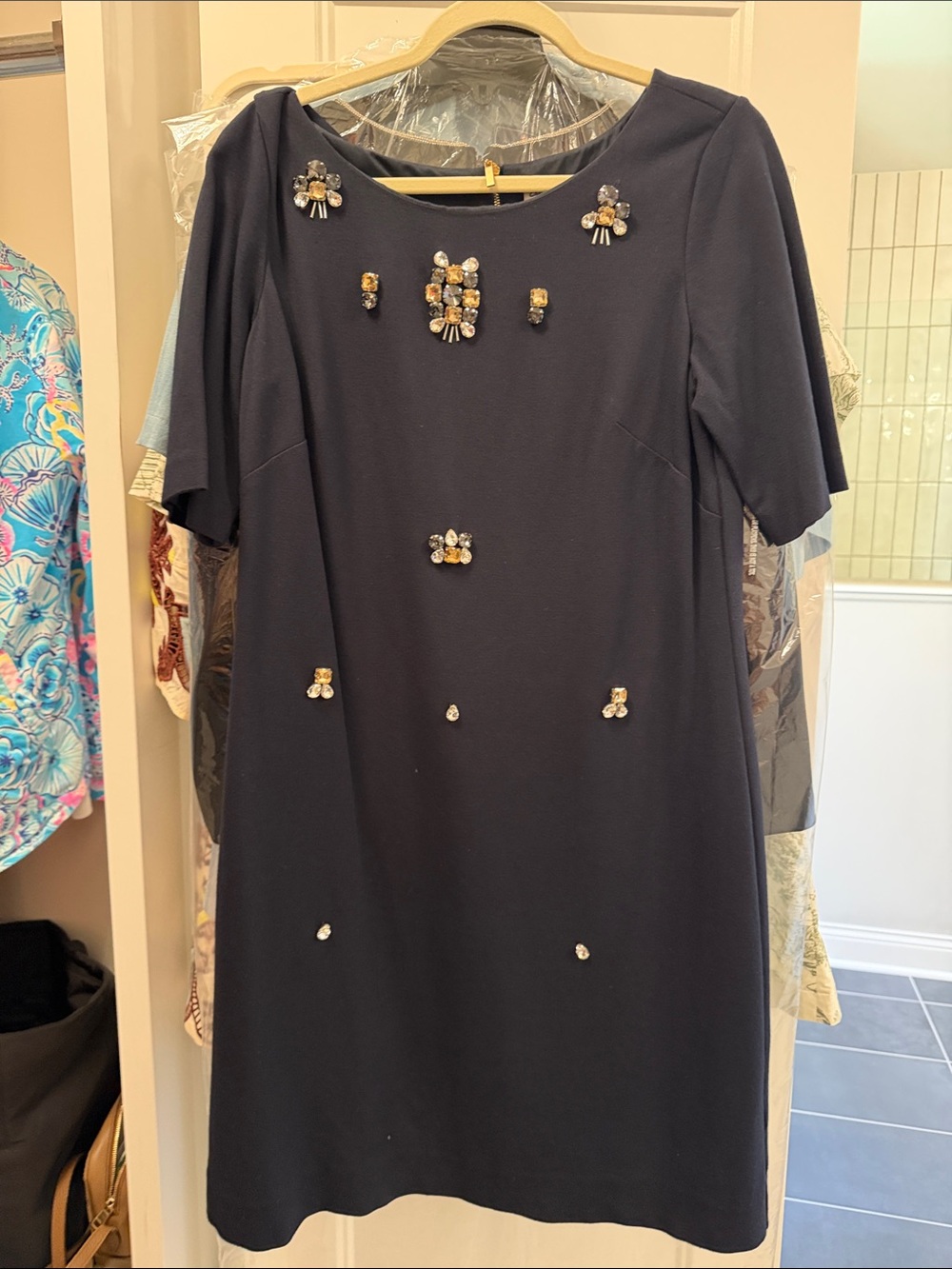 Eliza J Navy Midi Dress with Crystal Embellishments